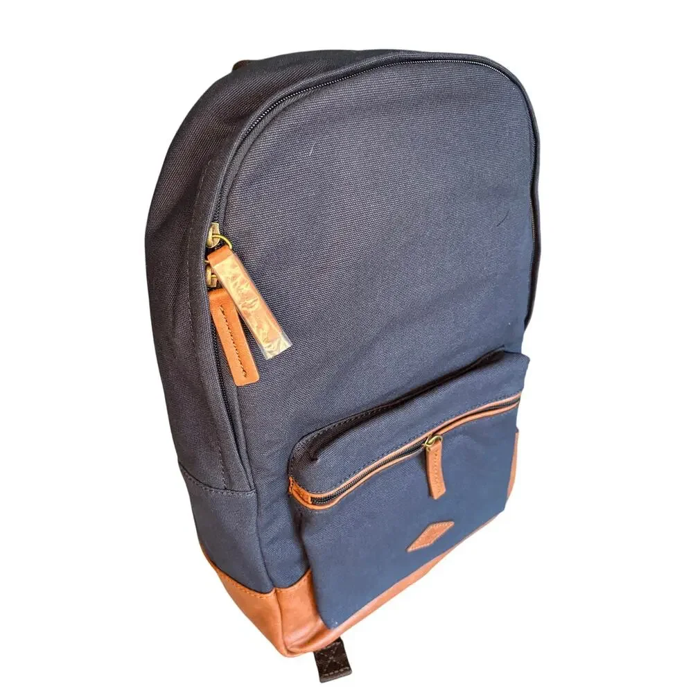 NWT Fossil Estate Navy Blue Canvas Brown Leather Classic Vintage Retro Backpack